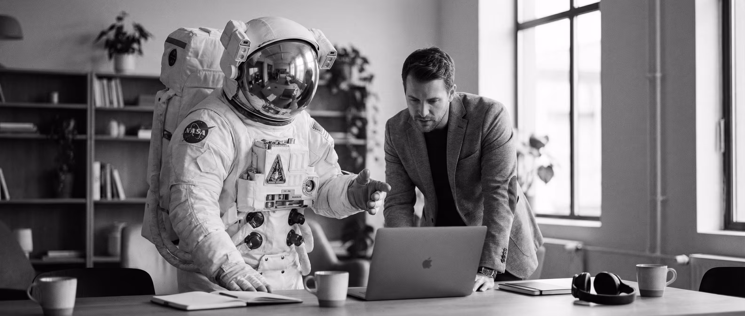 Astronauta presentando un prototipo a un cliente.