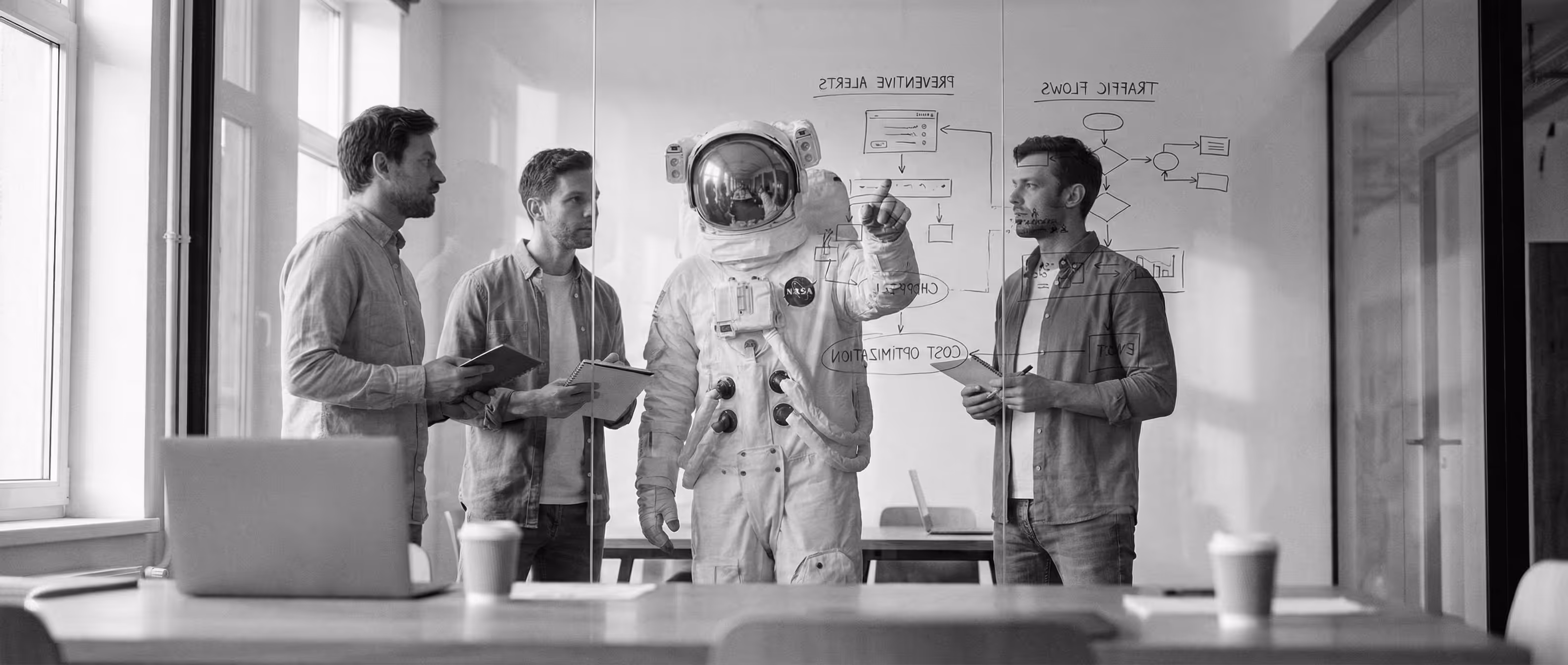 Arquitectos certificados analizando una infraestructura en una oficina, detectando oportunidades de ahorro.