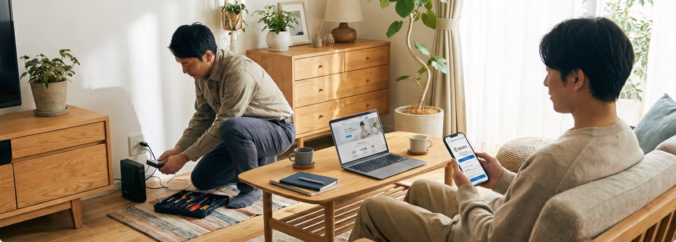 Man fixing a modem while another man sits on a couch holding a smartphone with an internet service screen visible.
