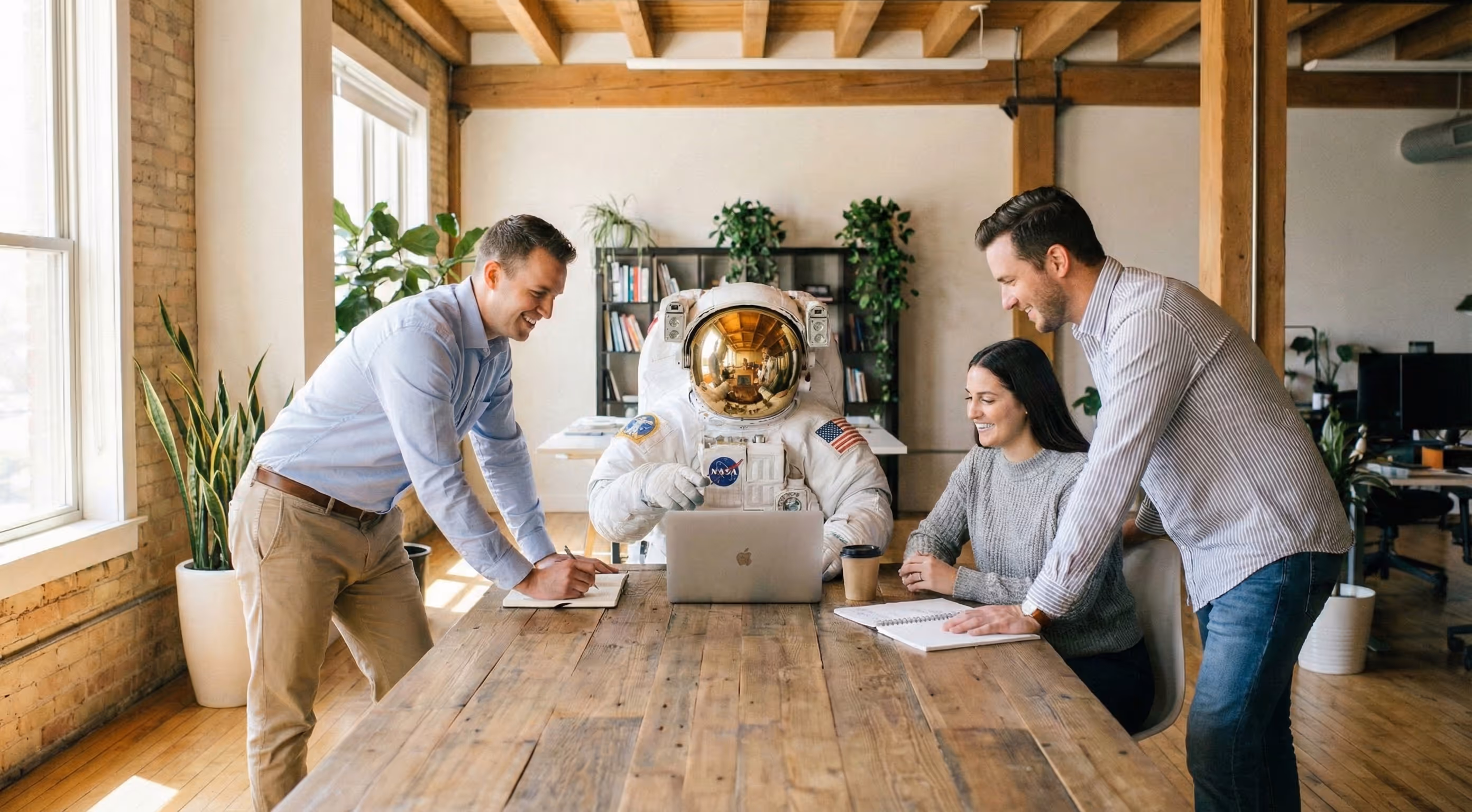Grupo de personas interactuando en una sala de reuniones.