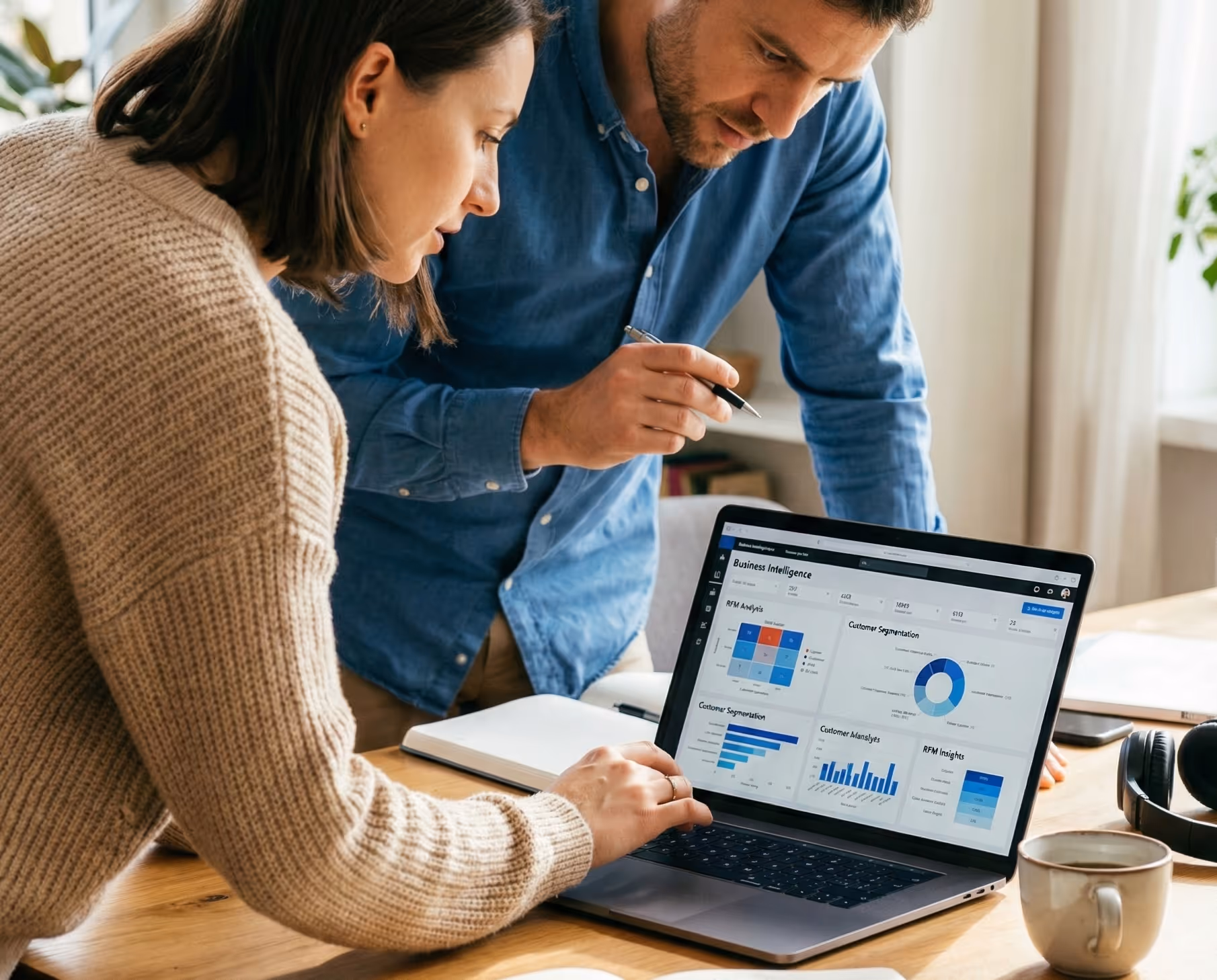 Compañeros de trabajo revisando gráficos de datos en una computadora.