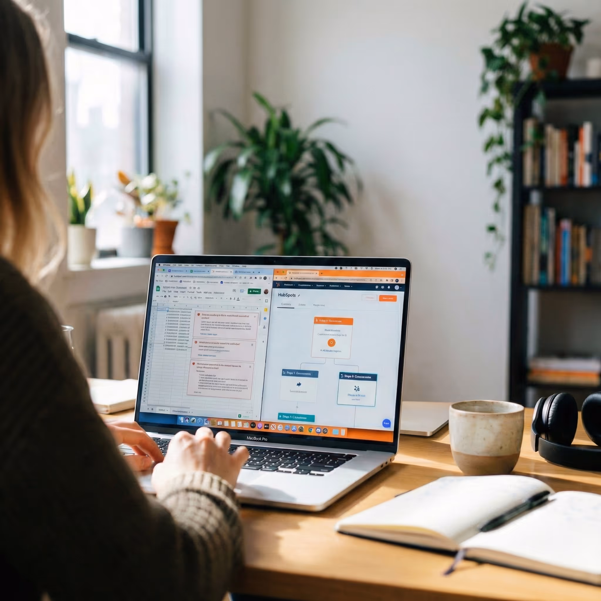 Persona creando un flujo de automatización en una laptop con libreta y café en un espacio iluminado con plantas.