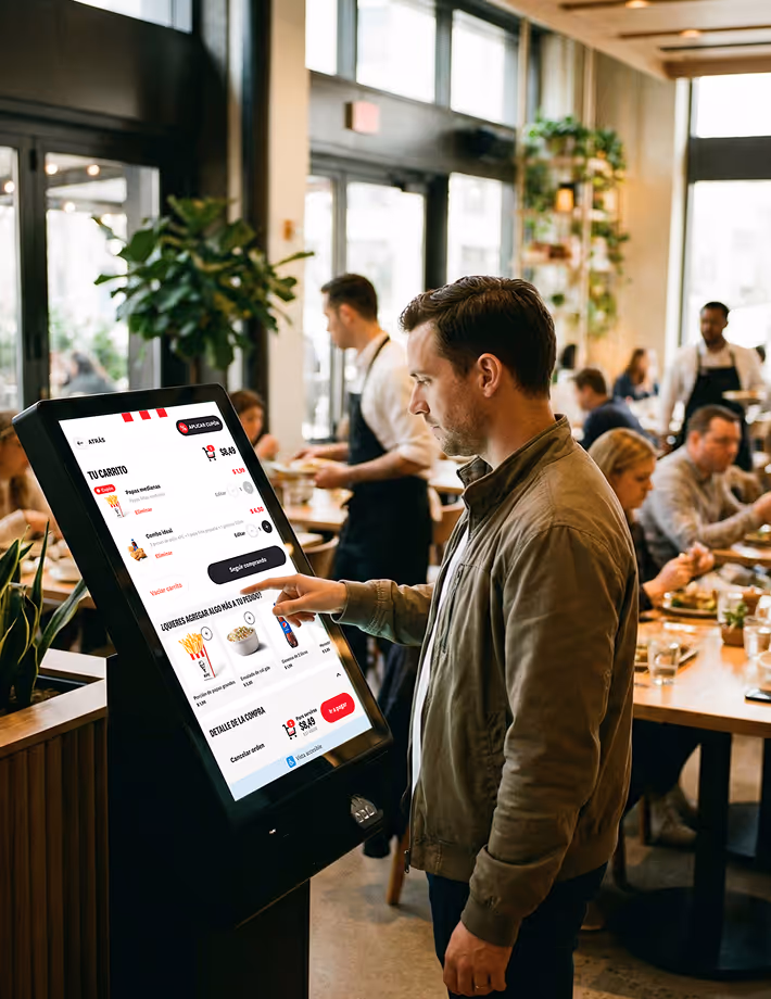 Hombre comprando comida a través de un kiosco.