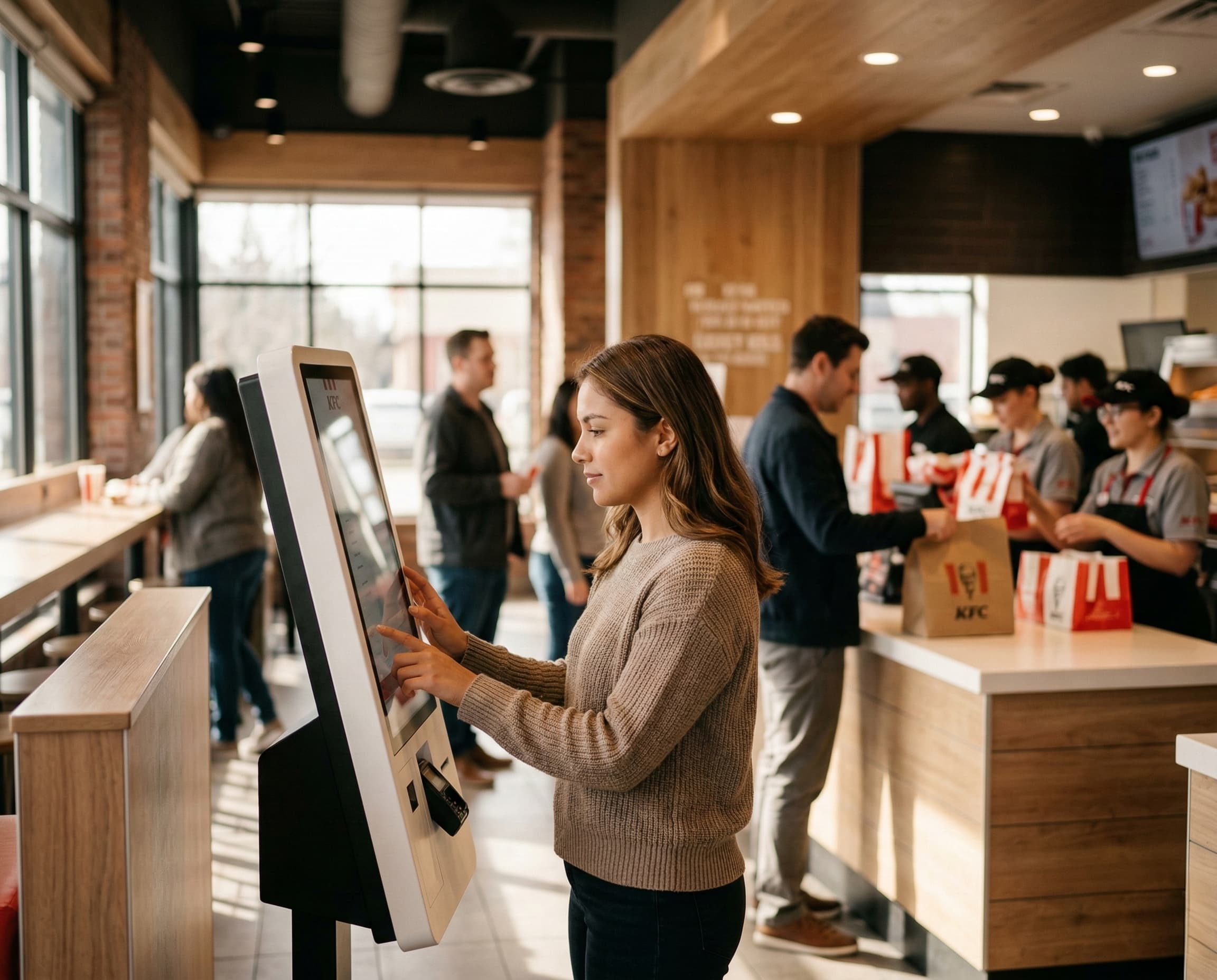 A smiling barista hands a brown paper bag to a customer holding a phone showing a payment confirmation in a coffee shop.