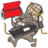 Cartoon beaver holding a red rolled-up object and a black stapler with a spool of yellow string on its back.