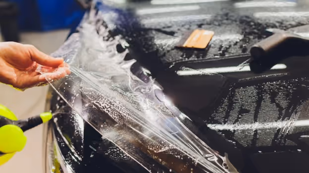 Person applying a clear protective vinyl wrap on the hood of a black car.
