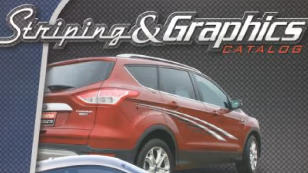 Red SUV with silver and white striping graphics on its side against a dark patterned background with the text 'Striping & Graphics Catalog' above.