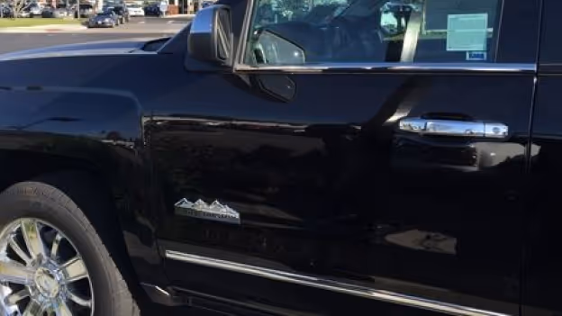 Close-up of the side of a black luxury SUV showing chrome beltline trim, door handle, and a mountain emblem.