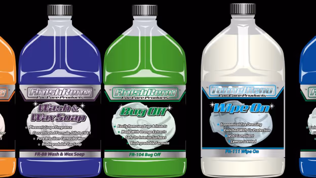 Four clear plastic bottles of car care products labeled Wash & Wax Soap, Bug Off, Wipe On, and an unlabeled blue product, each with distinct colored liquids inside.