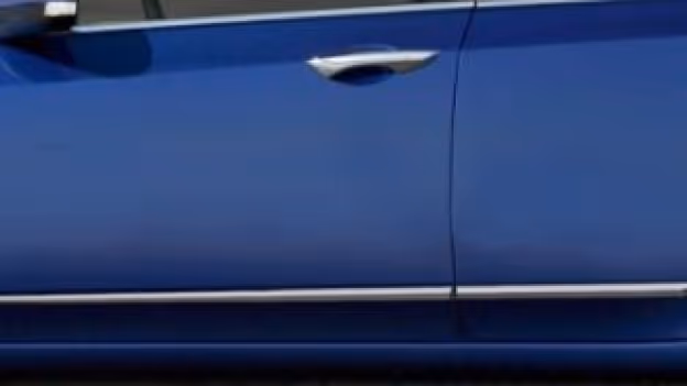 Close-up of a blue car's side door featuring chrome body side molding and a silver door handle.