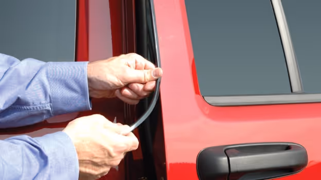 Person installing black weather stripping on the edge of a red car door.