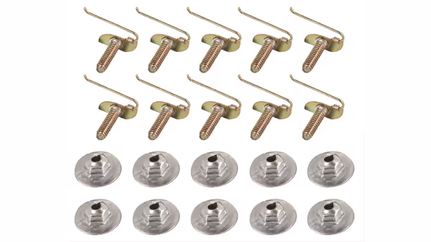 Ten gold-colored threaded clips with hooked ends arranged above ten round silver-colored fasteners with square slots.