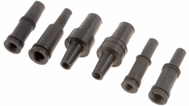 Six black vacuum line connectors of varying sizes arranged in a row on a white background.