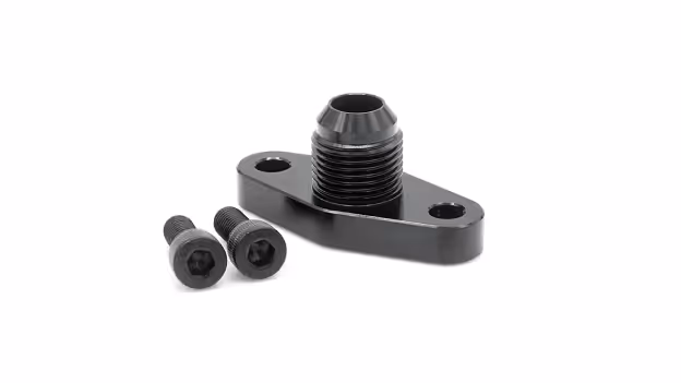 Black metal oil drain adapter with two matching hex screws on a white background.
