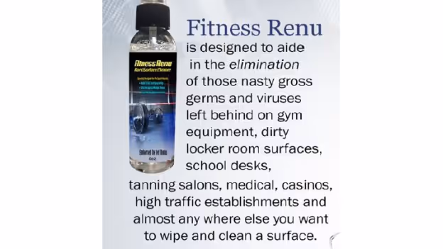 Bottle of Fitness Renu disinfectant spray with text describing its use to eliminate germs and viruses on gym equipment, locker room surfaces, school desks, tanning salons, medical and casino settings, and other high-traffic surfaces.