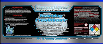 Label for Foaming Conditioner detailing description, directions, warnings, and product features on a dark background with blue and white text.