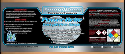 Product label for Power Brite Low pH Pre-Spray featuring use instructions, warnings, and product description on a black and blue background.