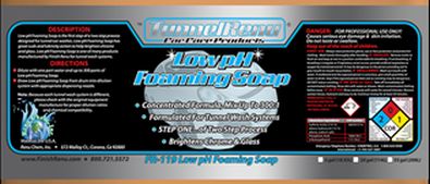 Label of KamelRenu Low pH Foaming Soap detailing product description, directions, cautions, and a hazard warning diamond.