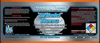 Chemical product label for ControlPro Shield Renu featuring product description, directions, safety warnings, and a hazard diamond symbol.