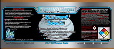 Label for Tunnel Suds cleaner and degreaser showing product name, description, directions, warnings, and contact information.