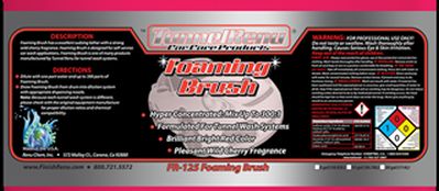 Label for TruBlanco Foaming Brush featuring product description, directions for use, features, warnings, and safety information with hazard symbols.