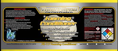 Label for Teamstervend Foaming Conditioner featuring product description, usage instructions, and safety warnings on a black and yellow background.