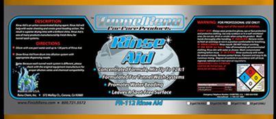 Label for Rinse Aid concentrated formula for commercial dishwashers with product description, usage instructions, and hazard warnings.