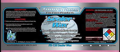 Product label for CandyHaze Sealer Wax showing directions, warnings, product description, a diamond-shaped hazard symbol, and contact information on a black background.