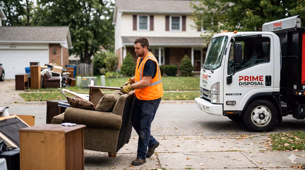 Worker in an orange safety vest loading a couch onto a disposal truck in a suburban neighborhood.