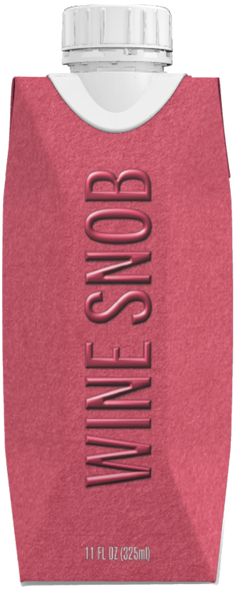 Pink textured rectangular beverage carton with a white screw cap at the top and the word 'WINE SNOB' embossed vertically in large letters, with '11 FL OZ (325ml)' printed at the bottom.