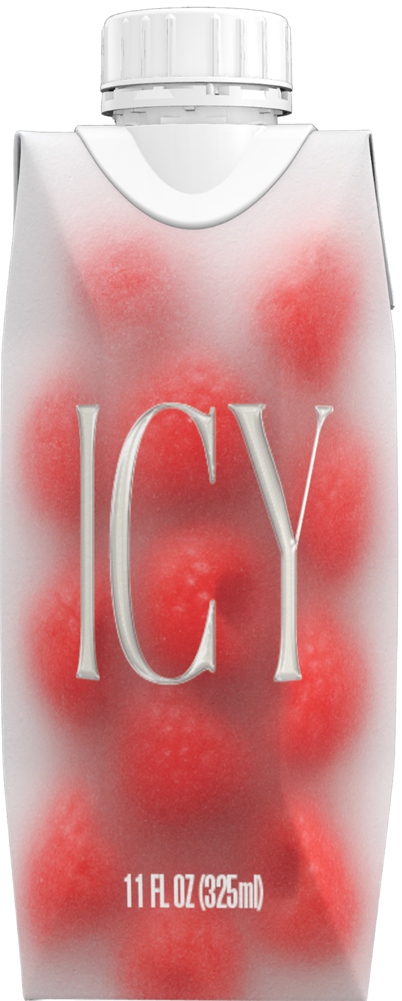 White carton with a white screw cap and red raspberries inside, labeled ICY and showing volume 11 FL OZ (325ml).