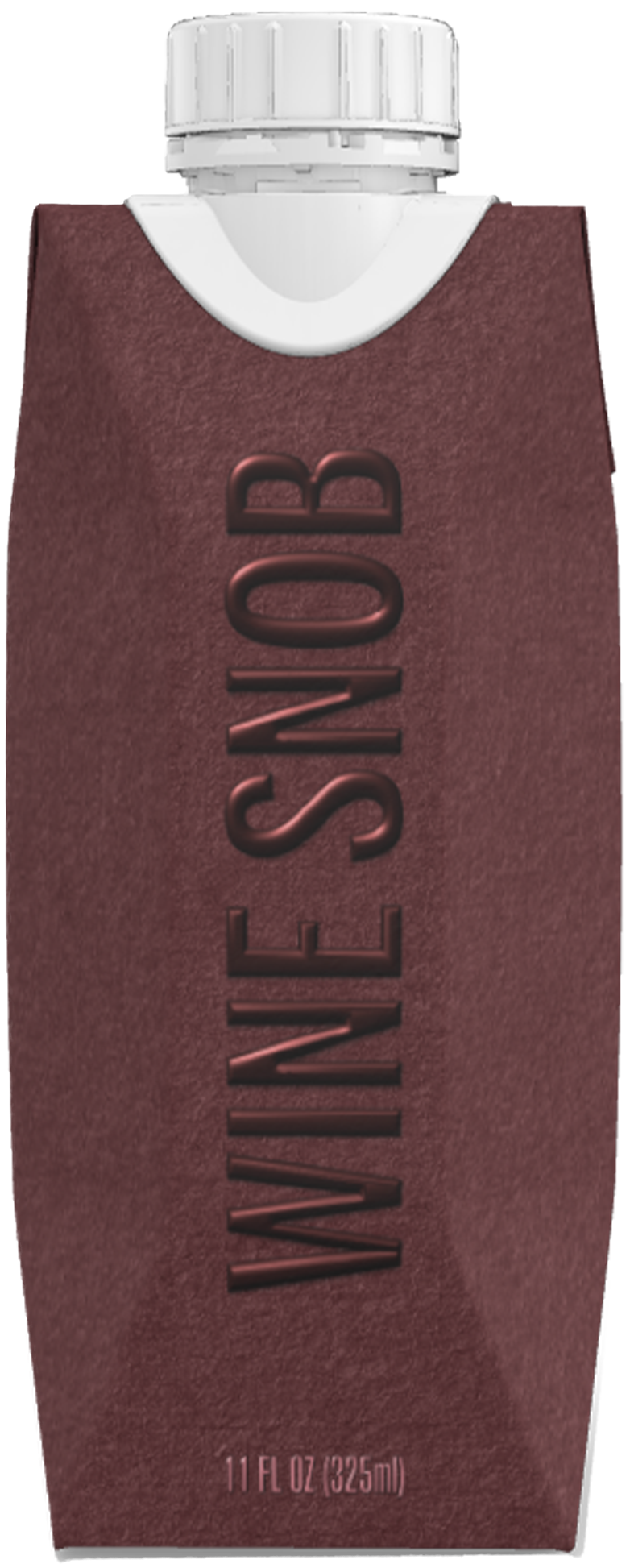 Tetra Pak carton with a large white cap, textured dark brown surface with raised vertical text 'WINE SNOB' and volume 11 fl oz (325 ml) at the bottom.
