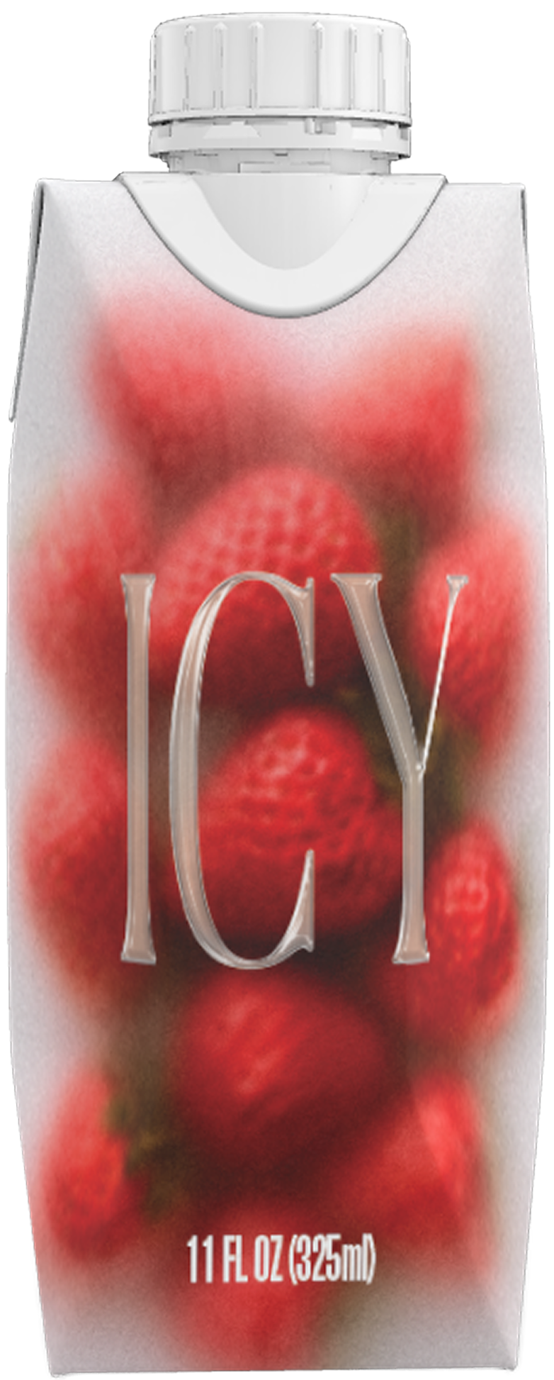 Tetra Pak carton with a white cap featuring a close-up image of ripe red strawberries and large letters 'ICY', containing 11 fluid ounces (325 ml).