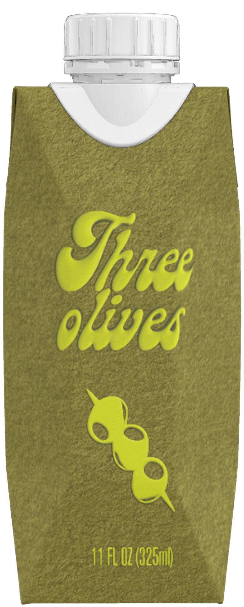 Greenish-yellow drink carton with white cap featuring the text 'Three olives', an illustration of three olives on a skewer, and the volume '11 FL OZ (325 ml)'.