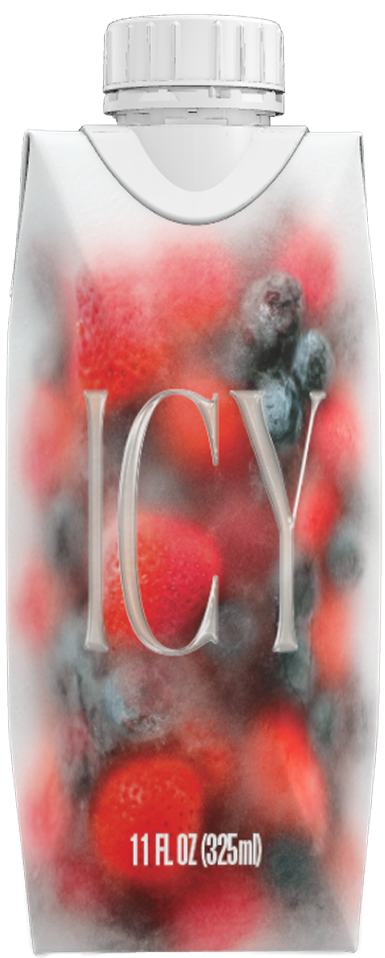 Carton of ICY beverage featuring a blurred image of mixed berries including strawberries and blueberries, with 11 FL OZ (325 mL) volume indicated at the bottom.