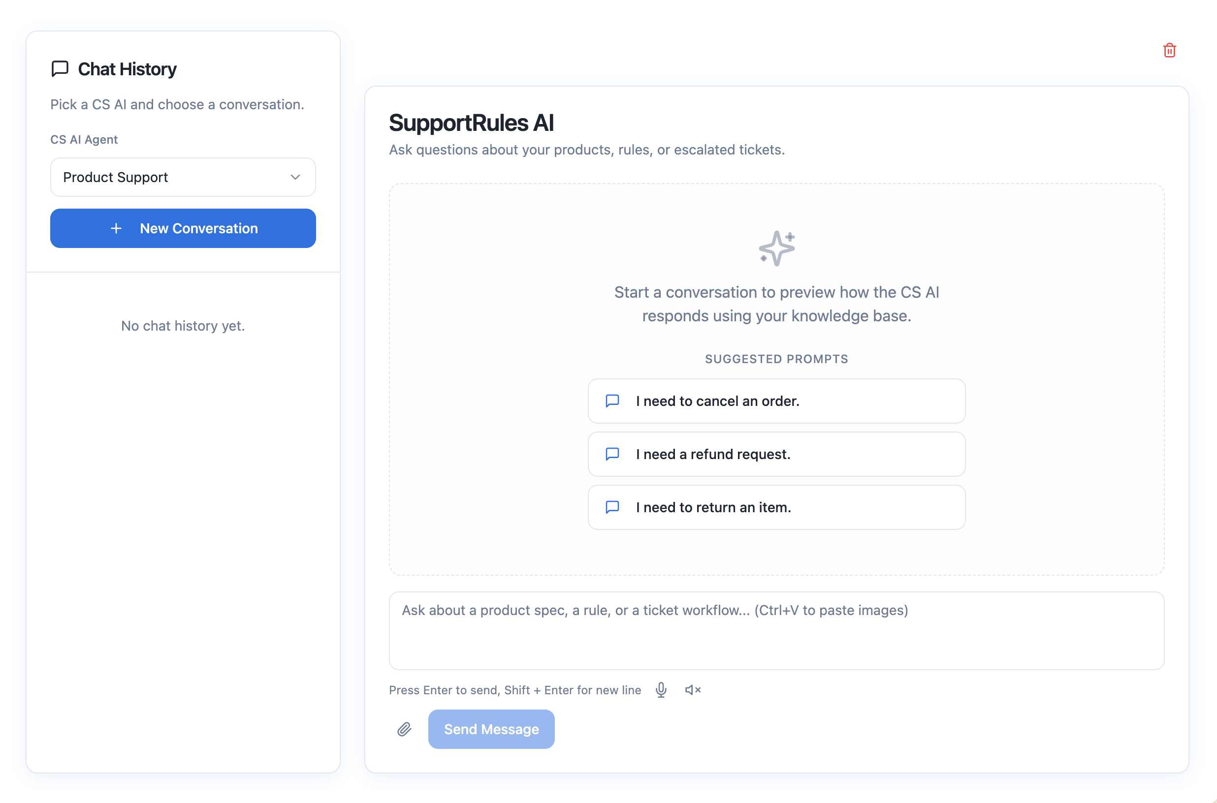 User interface of SupportRules AI chatbot with empty chat history, product support selected, suggested prompts to cancel an order, request a refund, or return an item, and message input area.