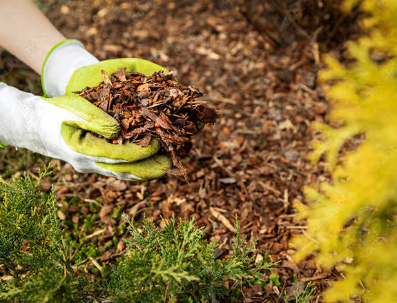 Hands wearing green gardening gloves holding a handful of brown wood mulch over a garden bed.