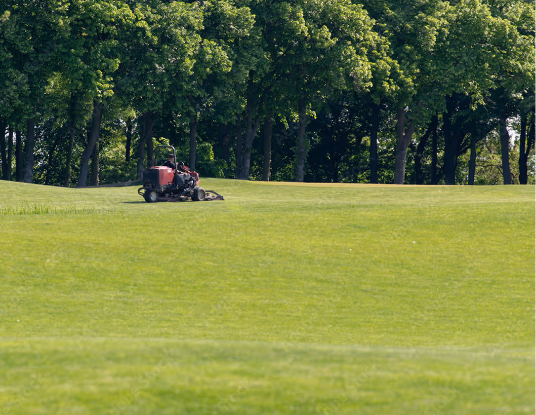 Person riding a red lawn mower cutting grass on green field near dense forest trees.