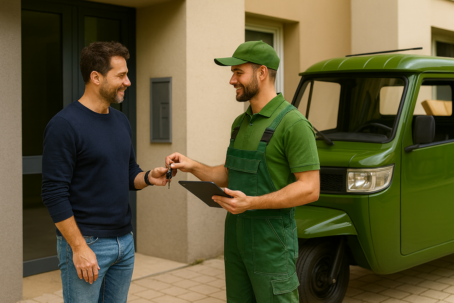 alt="Porteur récupérant des encombrants dans un immeuble"