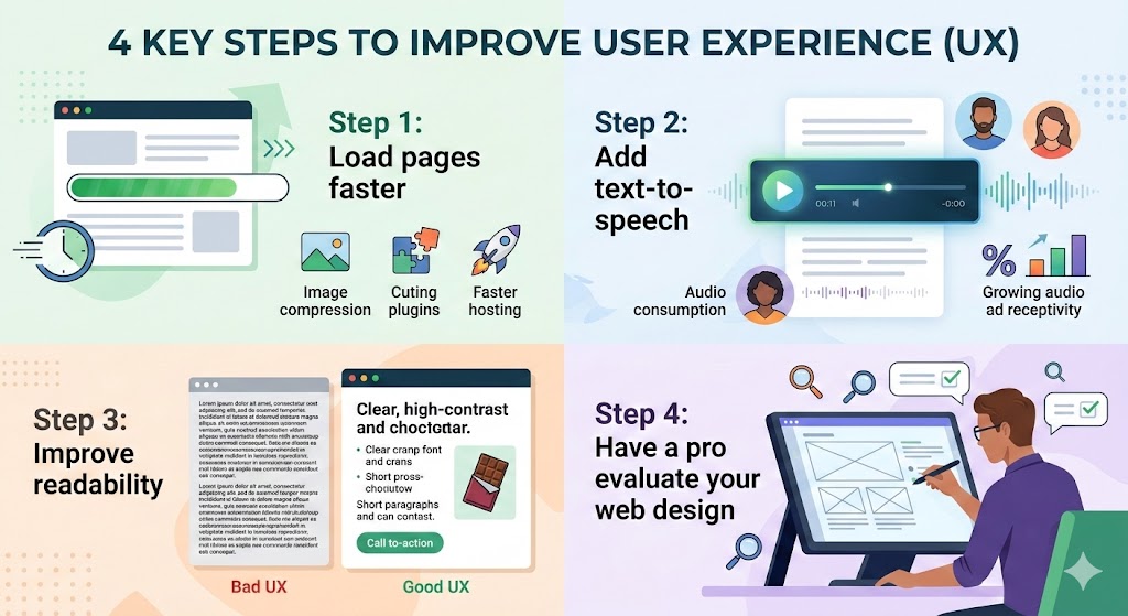 Infographic outlining 4 key steps to improve UX: page speed, text-to-speech, readability, and professional design evaluation.