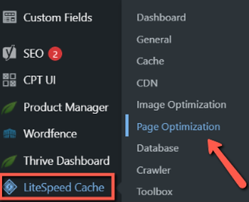 A screenshot of the WordPress sidebar menu showing the LiteSpeed Cache menu. A red box highlights "LiteSpeed Cache" and an orange arrow points to the "Page Optimization" submenu option.
