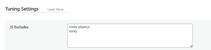 A close-up screenshot of the "Tuning Settings" in WordPress, showing the "JS Excludes" text box with "trinity-player.js" and "trinity" typed on separate lines.