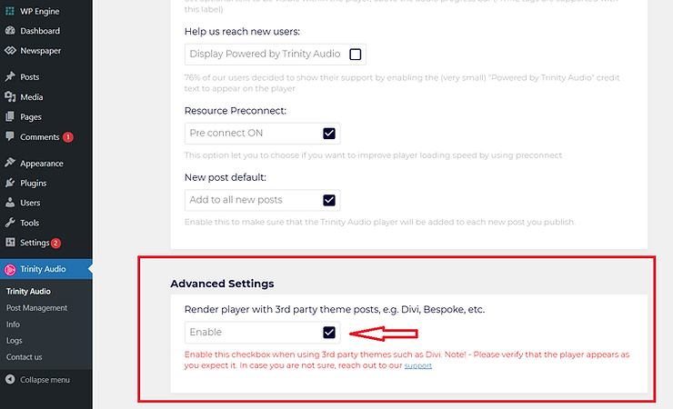 A screenshot of the "Advanced Settings" section of the Trinity Audio plugin. A red arrow points to a checked "Enable" box next to the setting "Render player with 3rd party theme posts, e.g. Divi, Bespoke, etc."