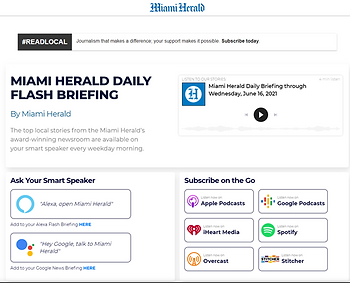 Miami Herald Daily Flash Briefing landing page showing an embedded audio player, Amazon Alexa and Google Assistant voice commands, and subscription links for Apple Podcasts, Spotify, and Google Podcasts.