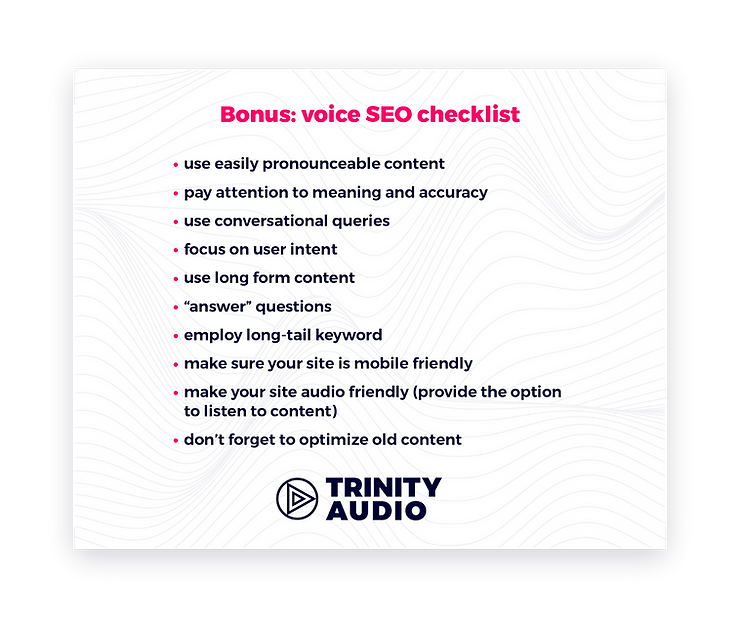 Voice SEO checklist featuring 10 essential tips, including using easily pronounceable content, focusing on user intent, employing long-tail keywords, ensuring mobile and audio-friendliness, and optimizing old content for voice search visibility