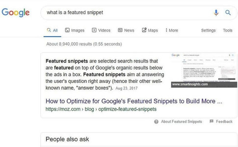 A Google search results page for the query 'what is a featured snippet,' displaying a featured snippet 'answer box' at the top of organic results that provides a concise definition of featured snippets