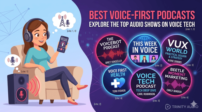 A 16:9 banner image illustrating 'Best voice-first podcasts' for an article. The image is split between an engaged listener and podcast cover art. On the left, a friendly cartoon woman is relaxing in a modern chair with large headphones, listening intently