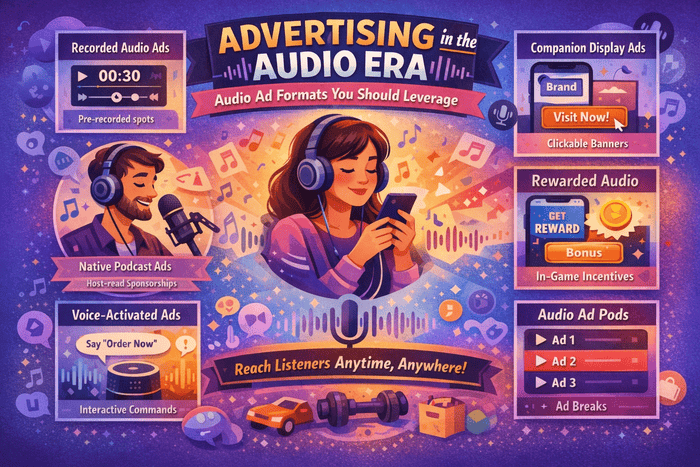 Infographic explaining digital audio advertising formats including recorded audio ads, podcast sponsorships, companion display banners, rewarded in-game audio ads, voice-activated ads, and audio ad pods for brands and marketers.