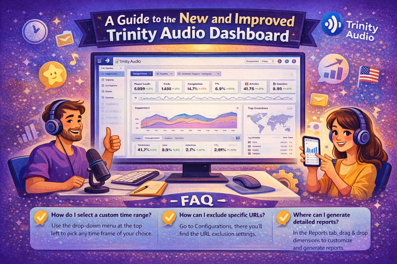 Promotional banner for the new Trinity Audio dashboard featuring audio analytics metrics, engagement and revenue graphs, customizable reports, URL exclusions settings, and FAQ section for publisher clients.