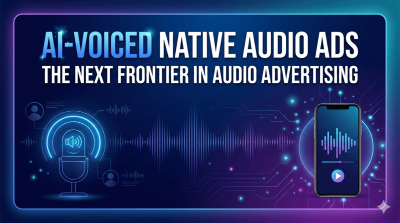 Banner advertising AI-voiced native audio ads as the next frontier in audio advertising, with futuristic graphic elements and sound waves.